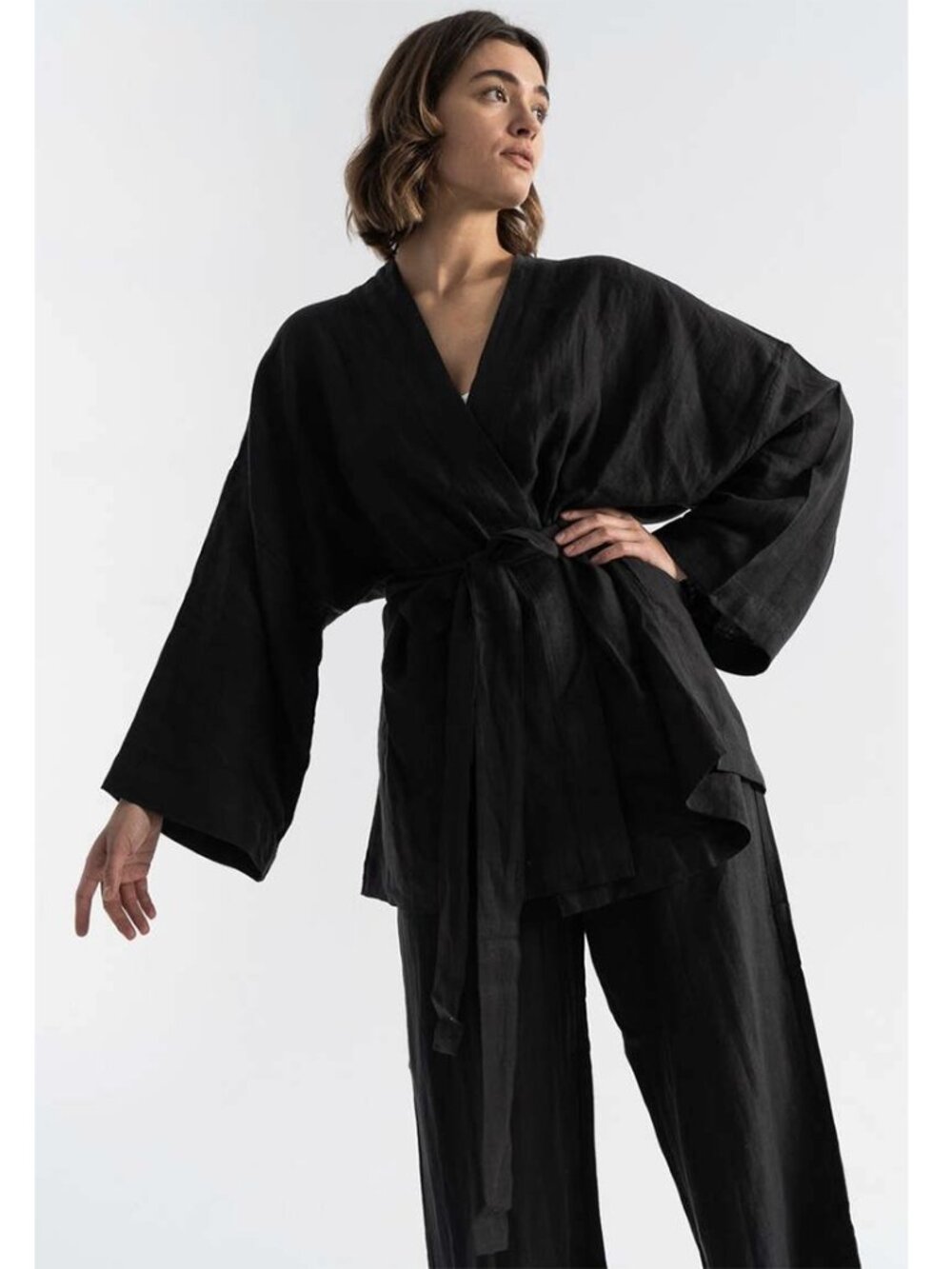 DEIJI STUDIOS Linen Wrap Kimono Top One Size Black Belted Long Sleeve
